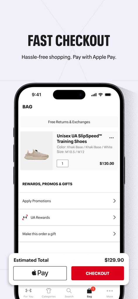 Under Armour app checkout screen showing a shopping bag with training shoes and an Apple Pay button for fast payment.