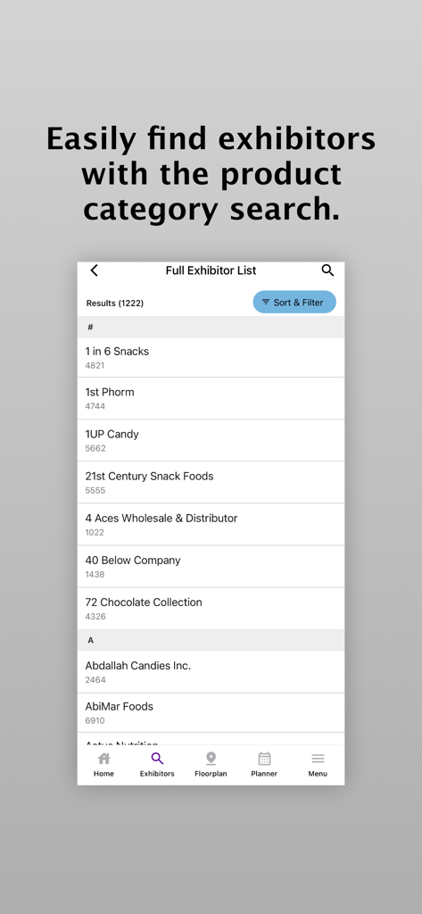 Sweets & Snacks Expo 2025 - Sweets and Snacks Expo 2025 app interface showing a searchable list of trade show exhibitors