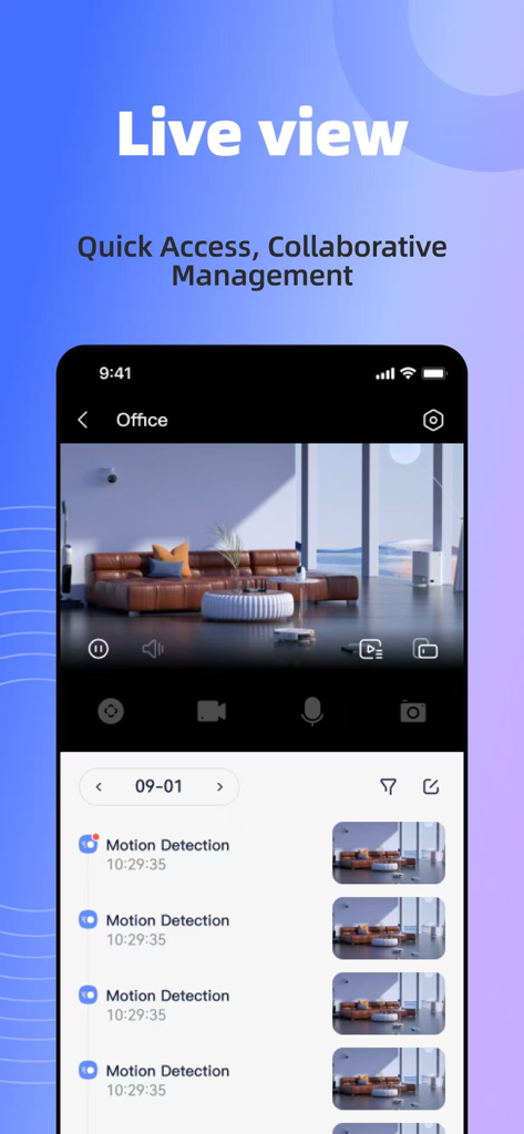 IMOU GLOW - Interfaz de la aplicación IMOU GLOW que muestra una transmisión de video en vivo de una oficina y una lista de alertas de detección de movimiento con marcas de tiempo.
