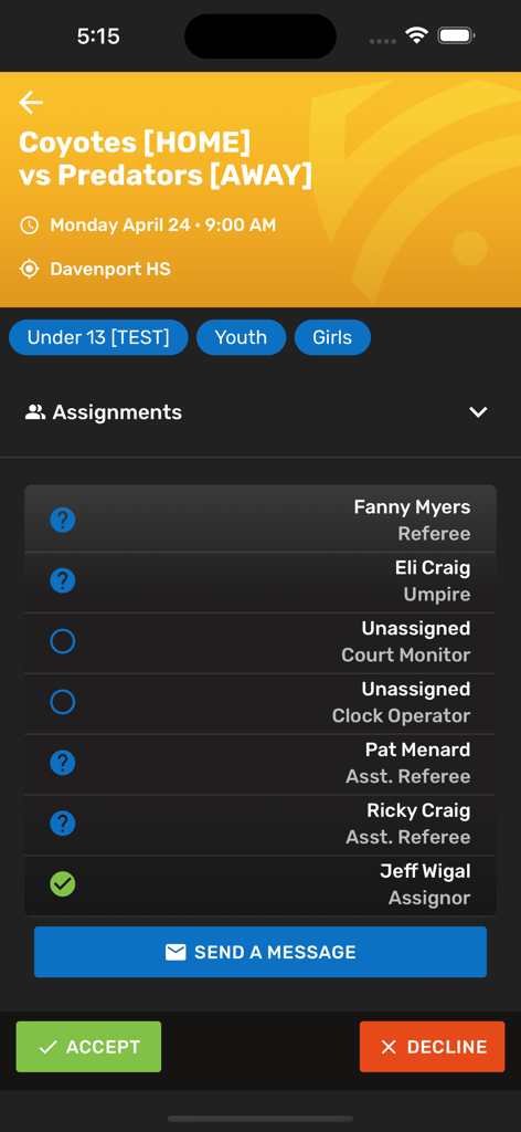 Assignr app showing game assignment details with buttons to accept or decline