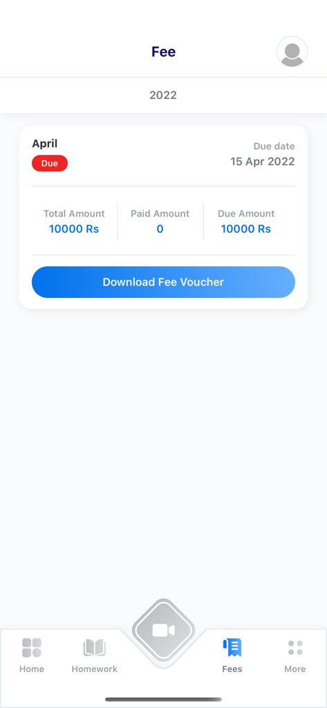 My School LMS - Interface of the My School LMS app showing school fee details with a pending status and a download voucher button