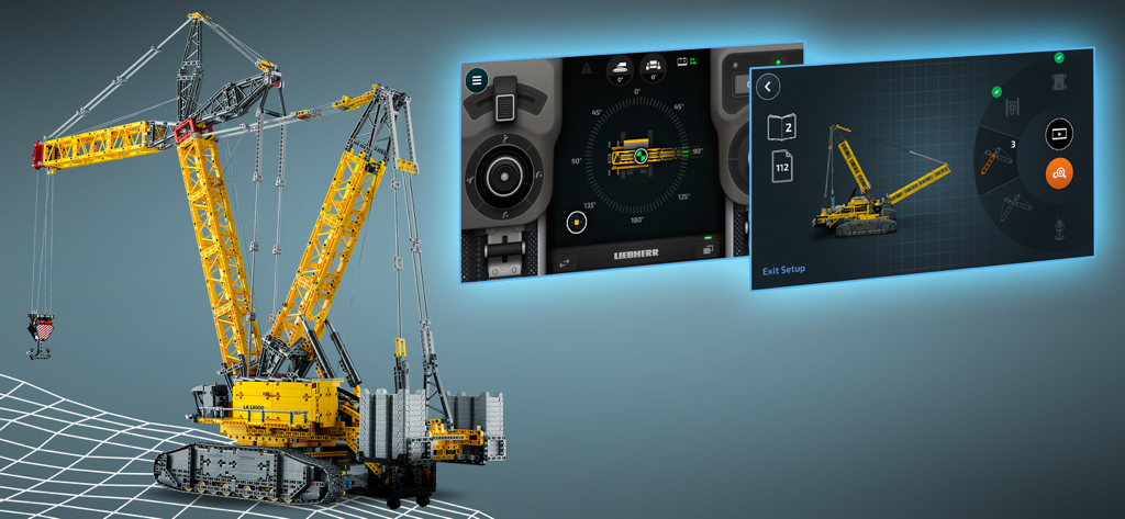 Grúa LEGO Technic Liebherr amarilla de gran tamaño e interfaz de control de aplicación móvil