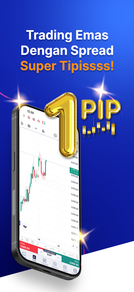 QuickPro mobile app interface showing a gold trading candlestick chart with a one pip spread promotion
