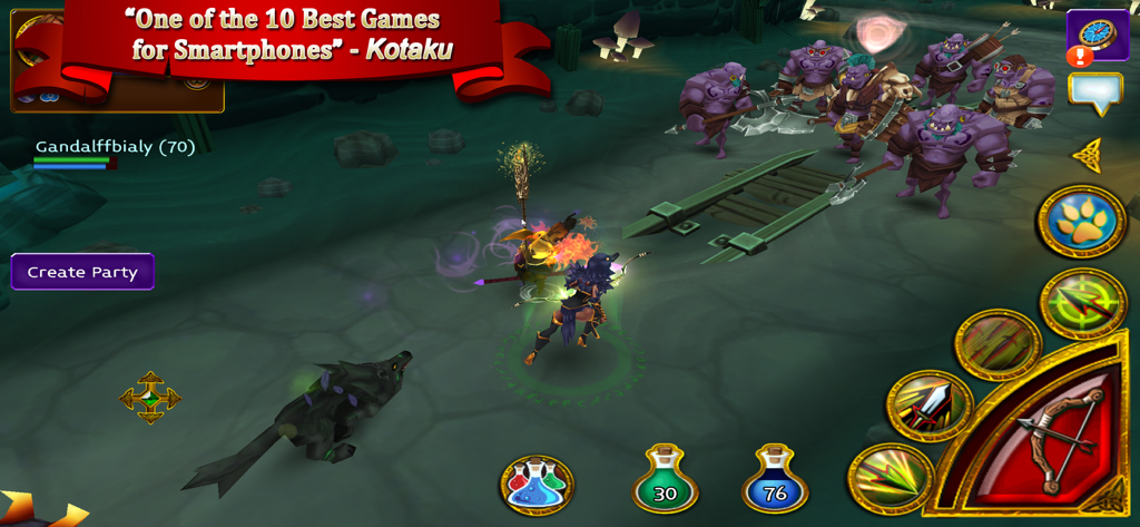 Arcane Legends MMORPG - Arcane Legends MMORPG dungeon gameplay showing a character and pet in combat against orcs with a Kotaku review banner.