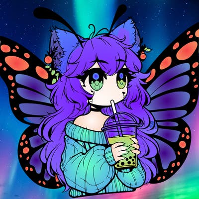 a realistic butterfly/furry girl drinking boba