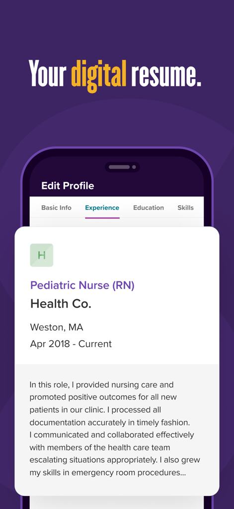 Oberfläche der Monster Job Search App, die ein digitales Lebenslaufprofil mit beruflicher Erfahrung anzeigt.