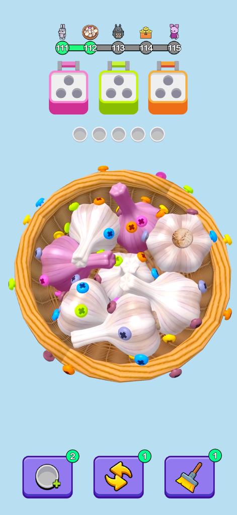 Gameplay screenshot of Screw Guru showing colored pins securing garlic bulbs in a basket with sorting mechanics