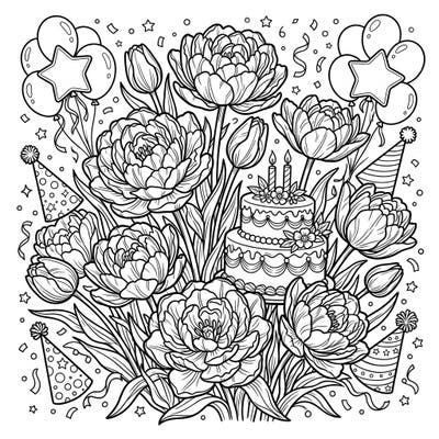 Immerse yourself in a festive floral celebration with this delightful coloring page featuring lush double tulips. Adorned with birthday cakes, balloons, and party hats, it promises a joyful coloring experience for any occasion.