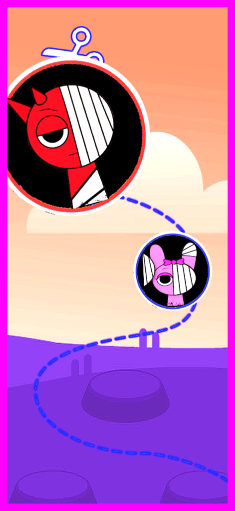 Sprunki kolor's phase game - Mappa di selezione del livello che mostra icone circolari di personaggi Sprunki bendati lungo un percorso di avanzamento tratteggiato.