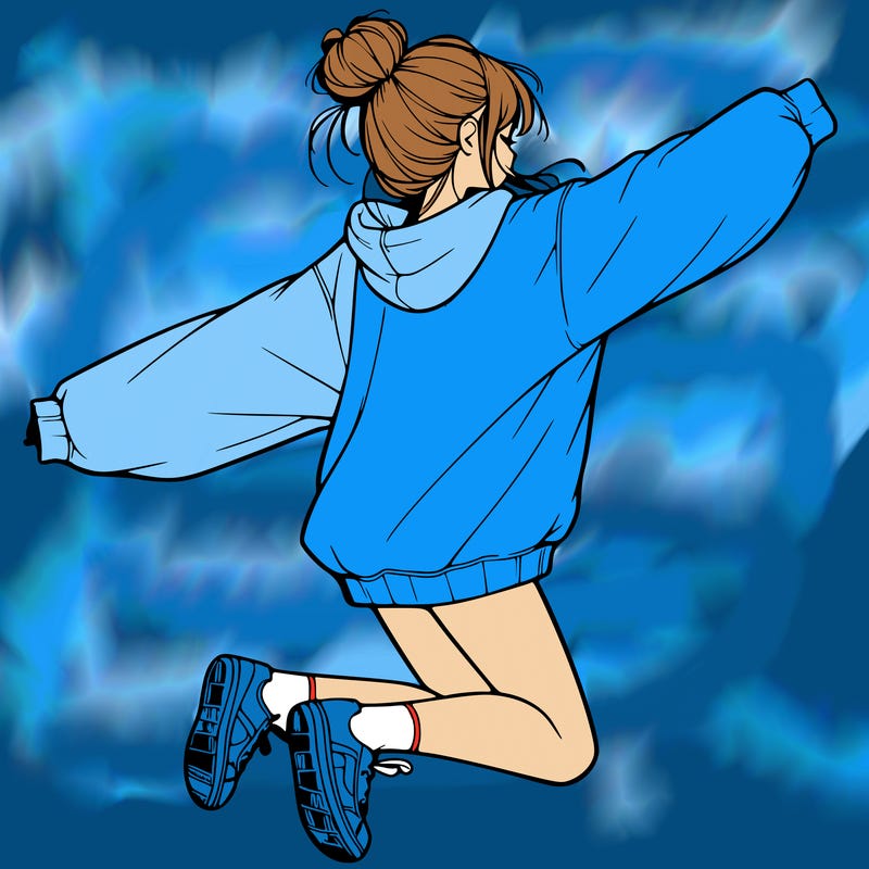 realistic girl jumping with a bun and oversized sweatshirt