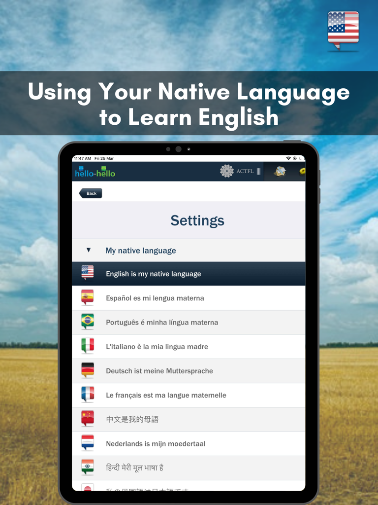 Learn English with Hello-Hello - Menu di selezione della lingua madre nell'app Impostazioni di Learn English with Hello-Hello