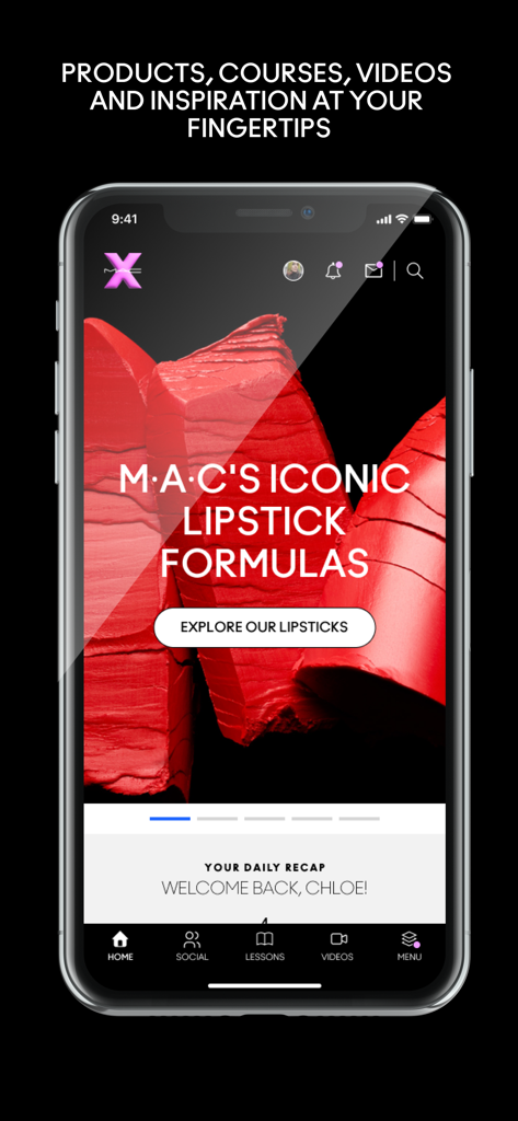 Écran d'accueil de l'application MAC X présentant des formules de rouge à lèvres emblématiques et des ressources éducatives pour les maquilleurs