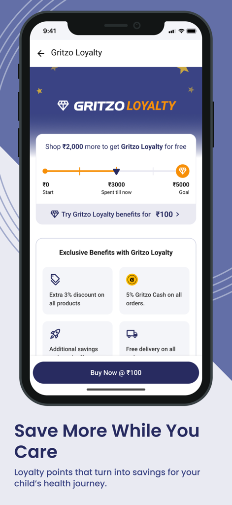 Gritzo - Gritzo app loyalty rewards screen showing exclusive discounts and membership benefits for parents