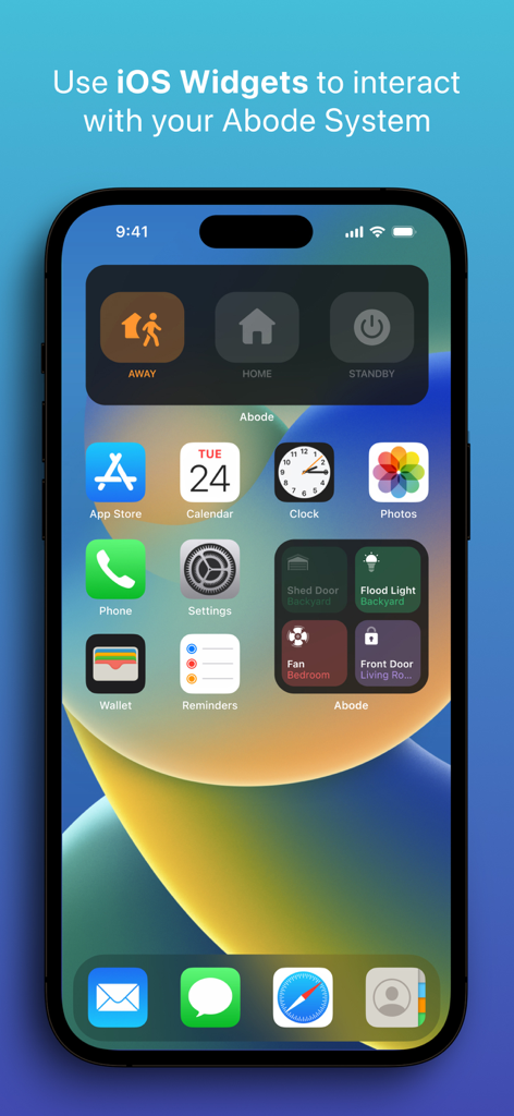 Abode - iPhone home screen displaying Abode smart home security and automation widgets