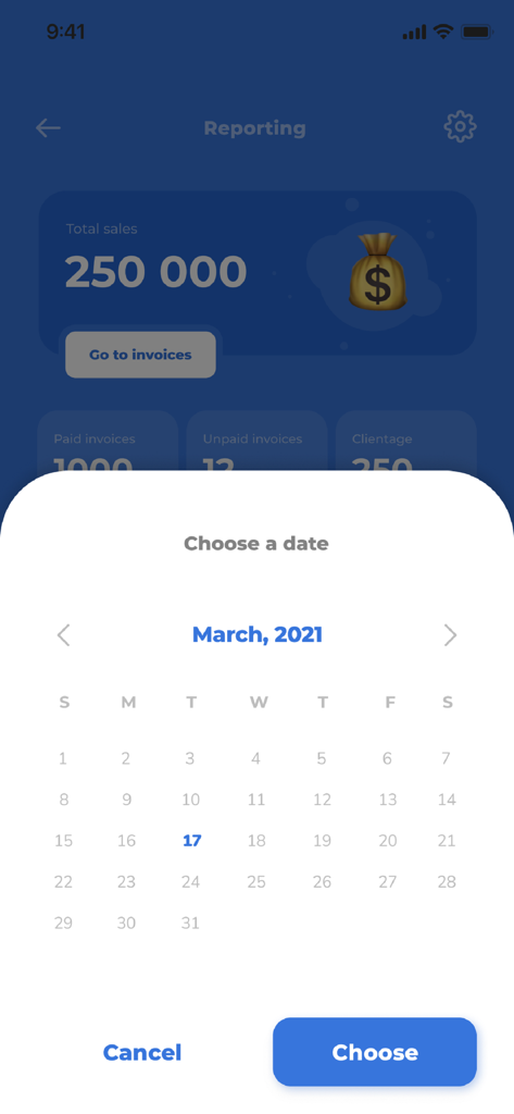 Übersichts-Dashboard in der Rechnungsgenerator-App, das Gesamtumsätze und Rechnungsstatistiken anzeigt.