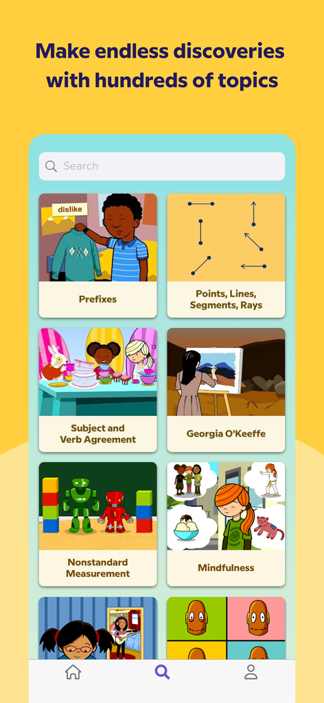 BrainPOP Jr. - Interfaz de la aplicación móvil BrainPOP Jr. que muestra una variedad de temas educativos para niños