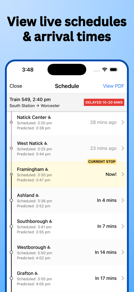MBTA Rail • Commuter Rail - Real-time MBTA train schedule showing arrival times and delay information for the Worcester line.