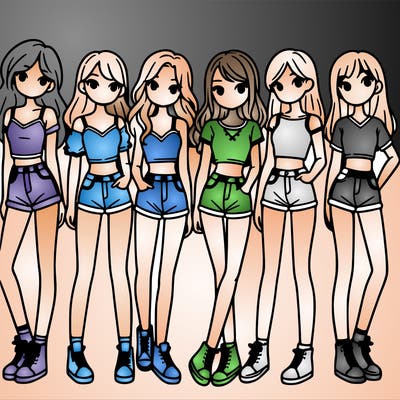 a group of girls wearing crop tops and shorts