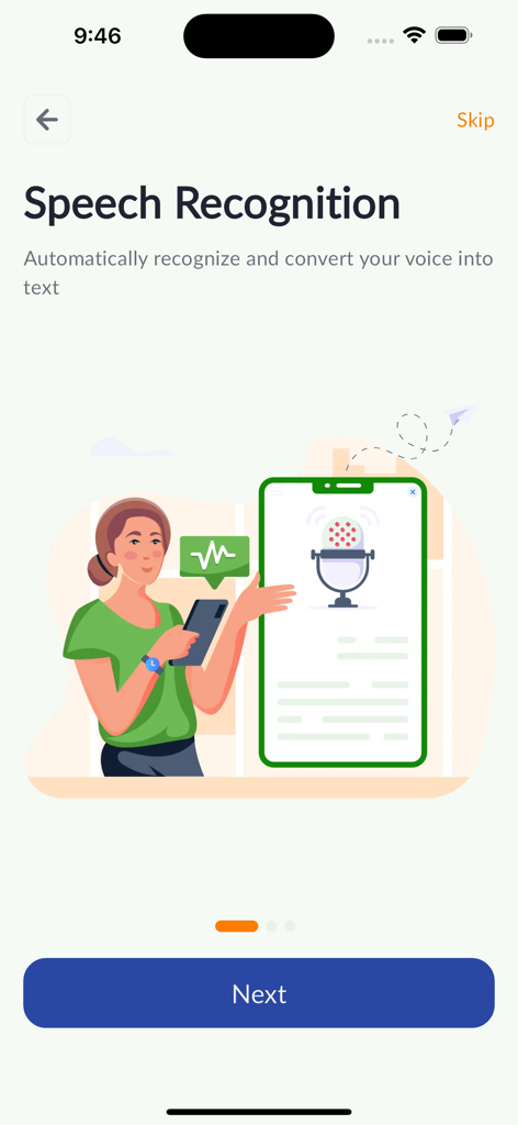 Bhashini app onboarding screen showing the speech recognition feature to convert voice to text