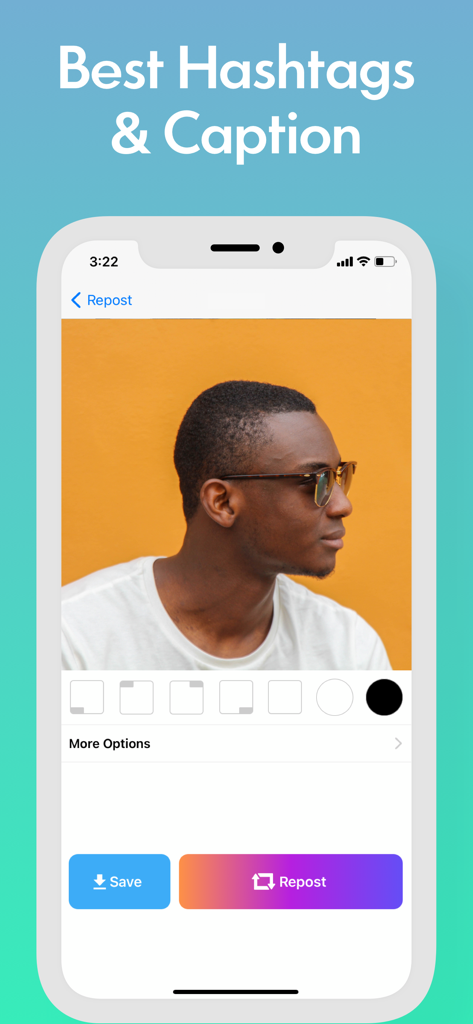 Instant Save의 모바일 앱 인터페이스, 해시태그 및 캡션과 함께 사진 저장 및 다시 게시 옵션 표시