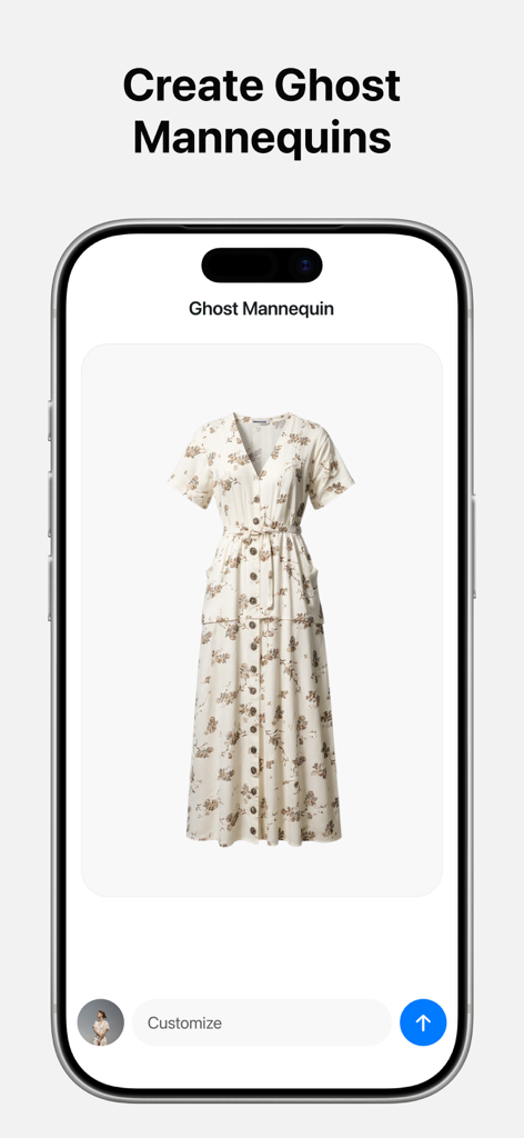 Una foto de producto profesional de un vestido floral creada con la función de maniquí fantasma con IA de Pixelcut.