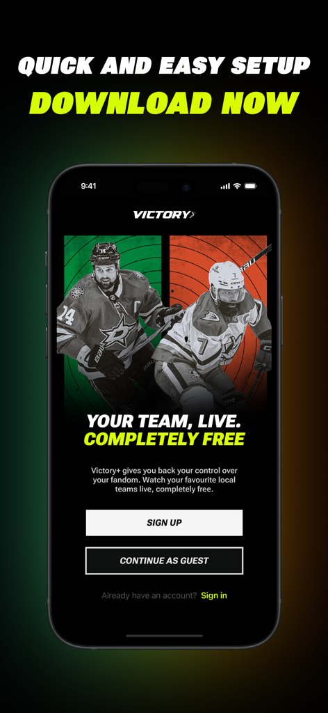 Victory plus app welcome screen featuring free live regional sports with sign up and guest login options