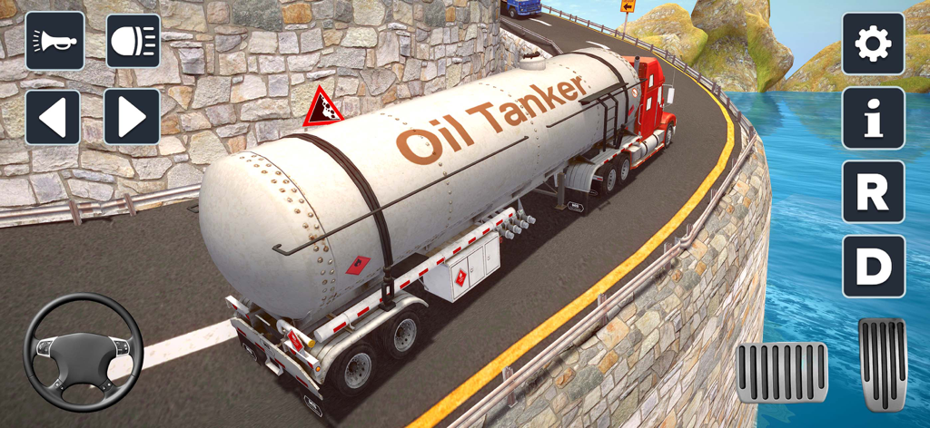 Truck Driving Simulator Games! - Gameplay of a red truck pulling an oil tanker on a winding mountain road in a driving simulator.