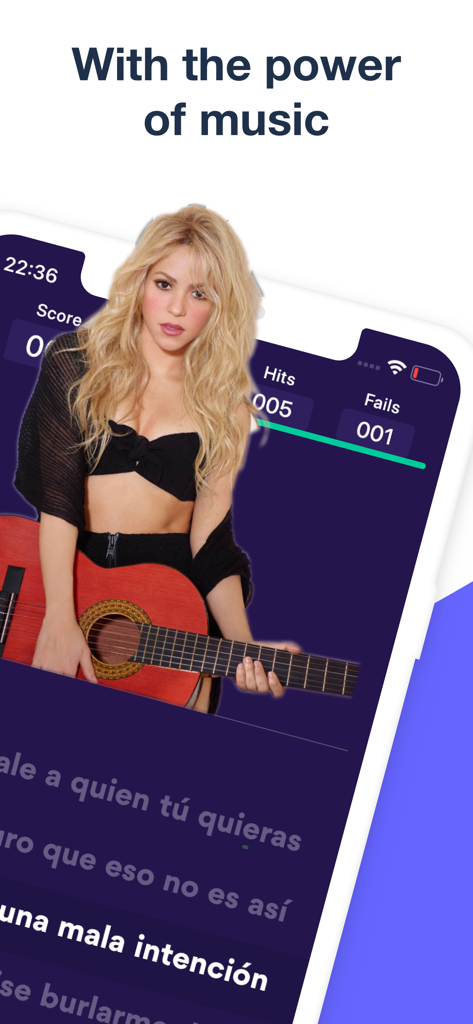 A smartphone showing the Sounter app interface with Spanish lyrics and a music artist for language learning through music