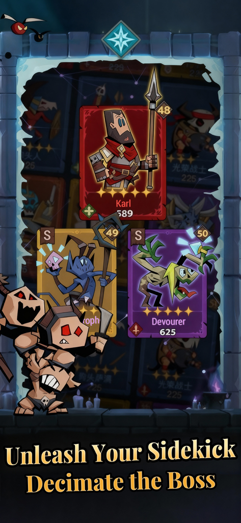 Lootfiend Idle Dungeons character cards showing sidekicks Karl and Devourer with unleash your sidekick text