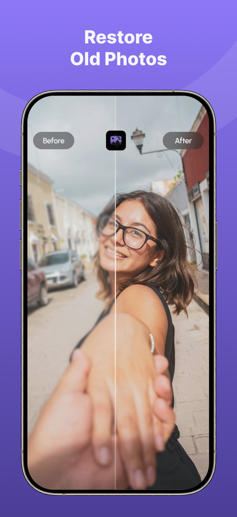 Potox: Recover Deleted Photos - Potox app interface showing a before and after comparison for restoring old photos