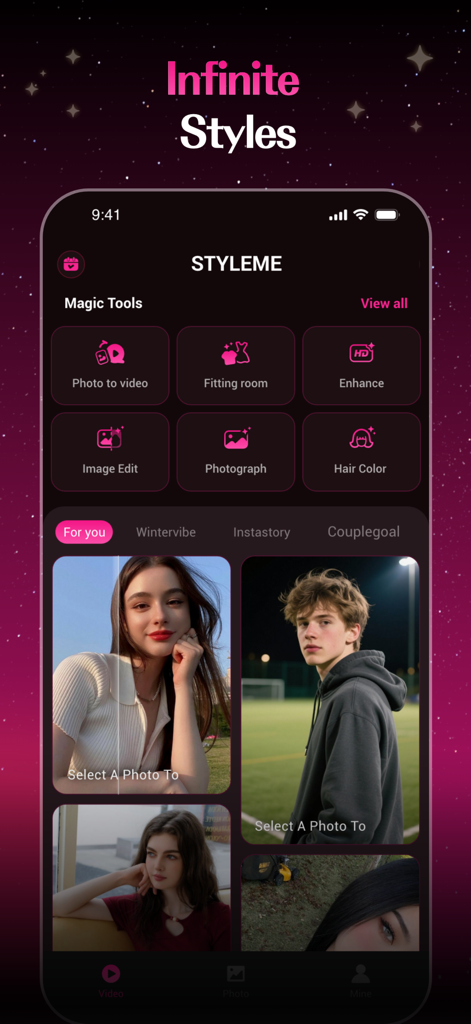 StyleMe: AI Photo & Video - Interface of StyleMe app displaying AI magic tools for photo and video editing