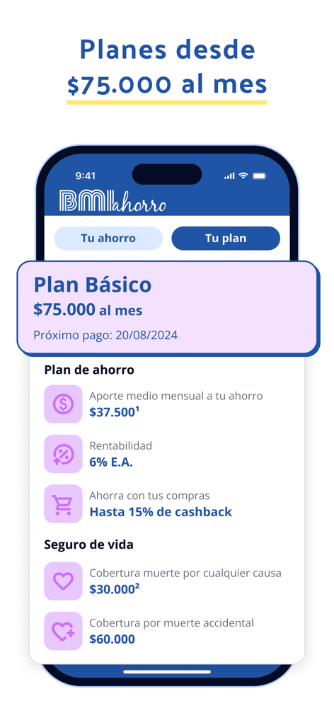 BMI Ahorro Colombia - BMIアホーロのベーシックプランを表示するモバイルアプリ画面。貯蓄利息と生命保険補償の詳細を含む。