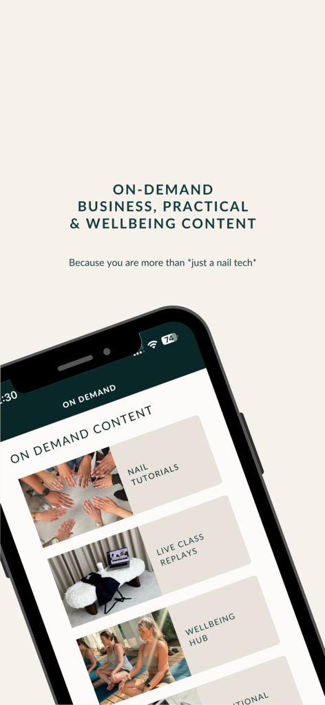 TheNailTech.org - Mobile app screen displaying on demand nail tutorials business and wellbeing content for technicians