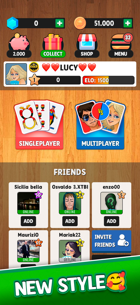 Tela principal do aplicativo Scopa Piu mostrando modos singleplayer e multiplayer e lista de amigos