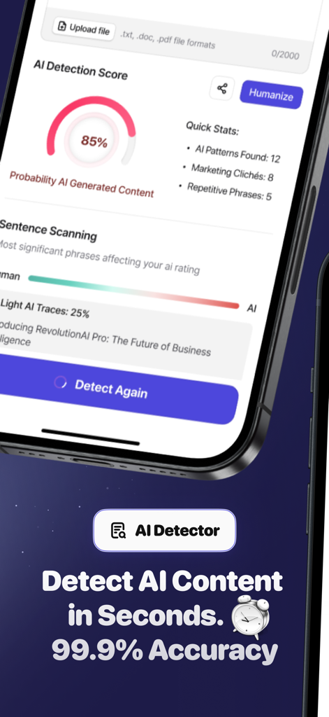 AI Detector and Humanizer - Interface de l'application AI Detector montrant un score de détection IA de 85 % et des statistiques rapides