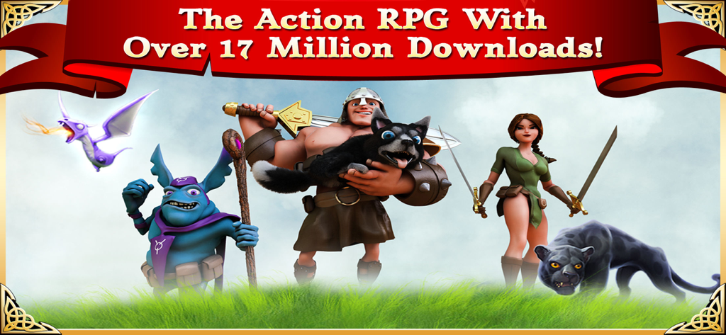 Arcane Legends MMORPG - Promotional artwork for Arcane Legends MMORPG featuring three hero classes and their animal companions