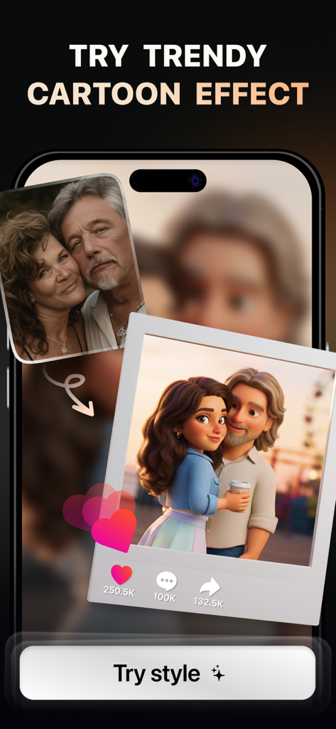 Visify - AI Photo Enhancer - Schermata dello smartphone che mostra l'app Visify che trasforma una foto reale di una coppia in un avatar in stile cartone animato AI alla moda.