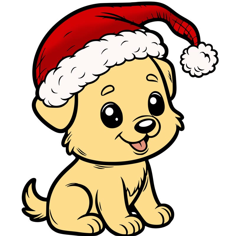 a puppy with a santa hat on his head cartoon style