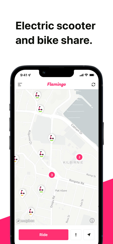Interface of Flamingo Scooters app displaying a map with available electric scooters for rent