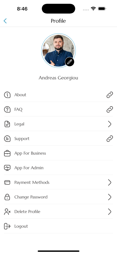 Easy Owner 앱 사용자 프로필 페이지. 계정 관리 옵션이 포함되어 있습니다.