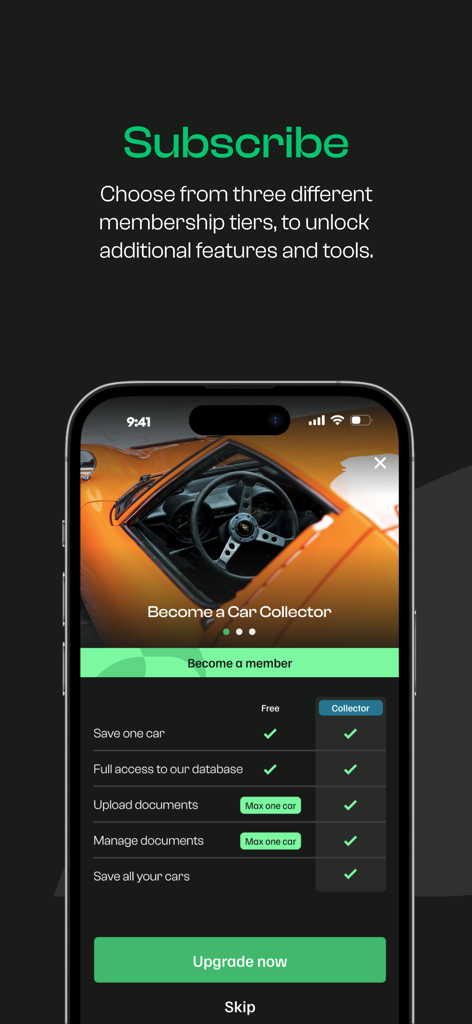 Car Collector - Subscription tiers for the Car Collector app comparing free and collector membership features.