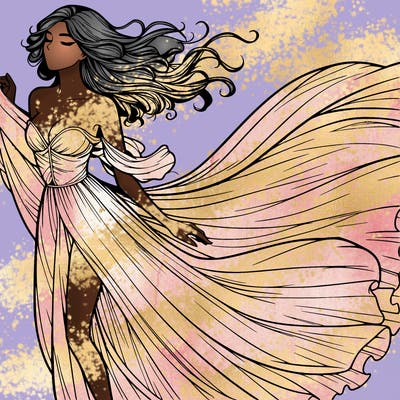 realistic woman in dress flowing the the wind