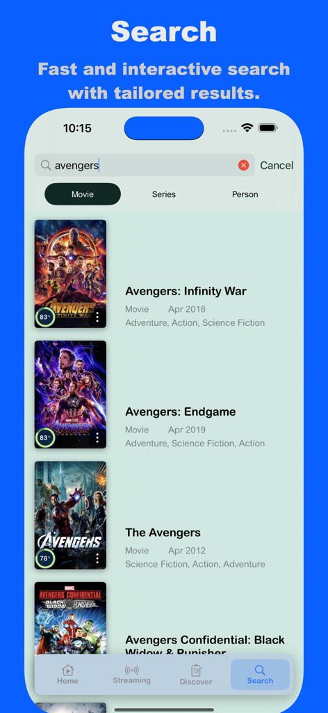 FlixHub app search screen showing movie results for Avengers