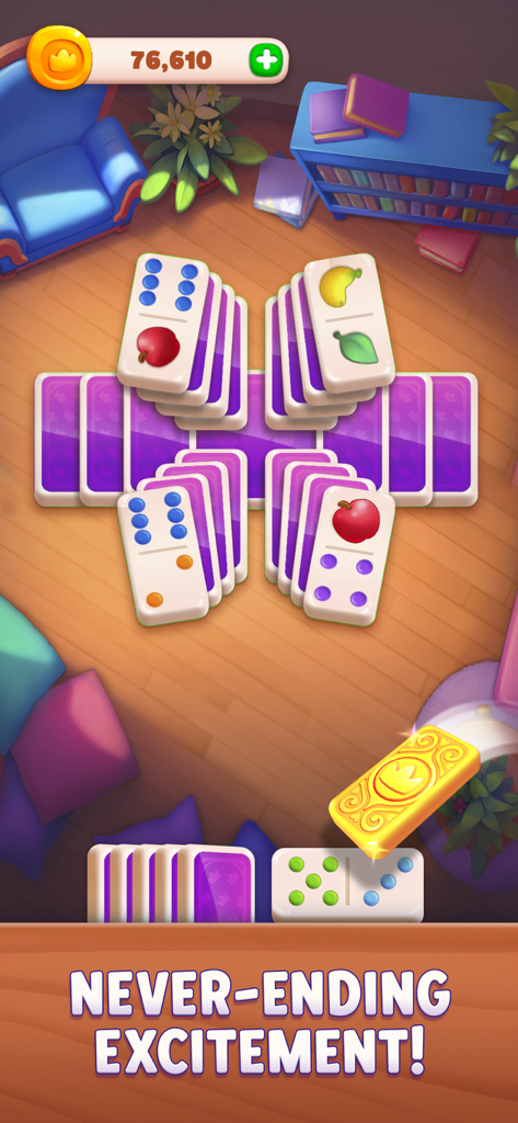 Domino tile matching gameplay with fruit and dots in a cozy room setting