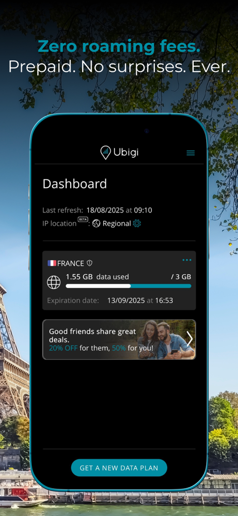 Ubigi app dashboard showing prepaid eSIM data usage for France with no roaming fees.