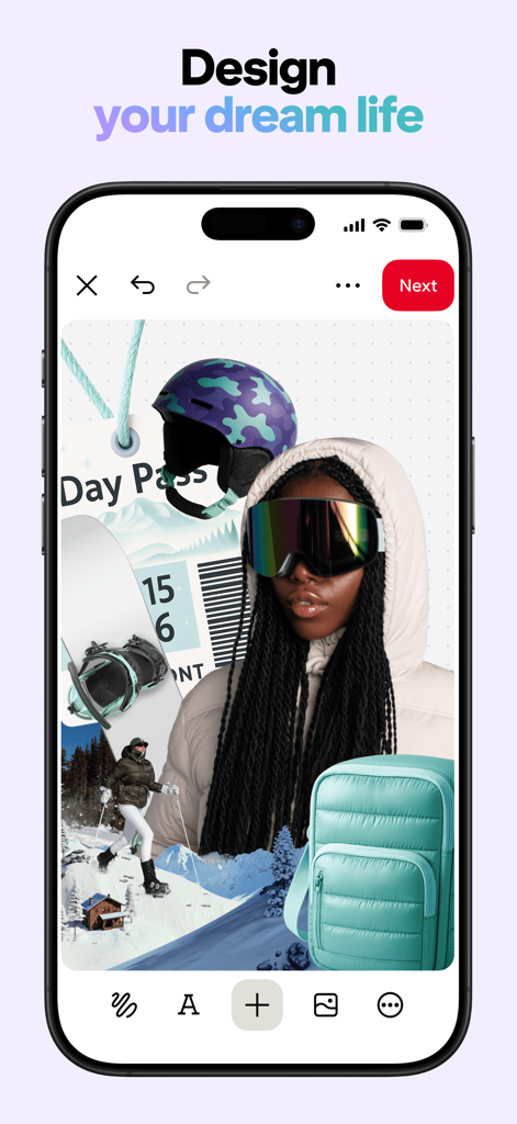 Pinterest app collage tool displaying a winter sports mood board