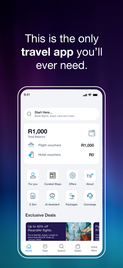 Travelstart: Flights & Hotels - Travelstart mobile app home screen showing wallet balance and travel vouchers