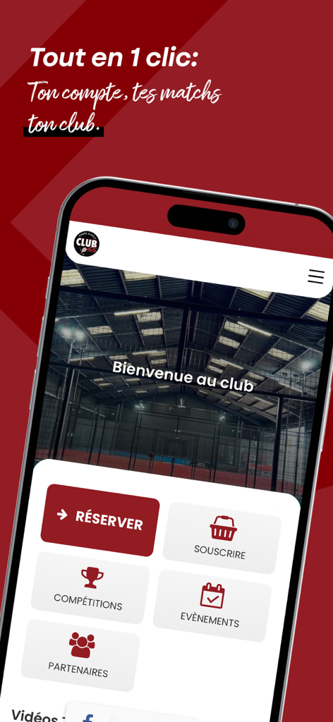 Smartphone displaying the CLUB 45 app home screen with sports club management features