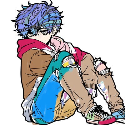 a male hoddie ripped jeans messy hair anime