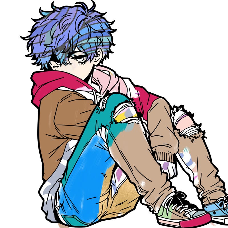 a male hoddie ripped jeans messy hair anime